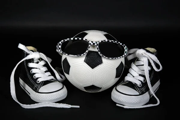 Sunglasses Black White Soccer Ball Sport Shoes Black Background — Stock Photo, Image