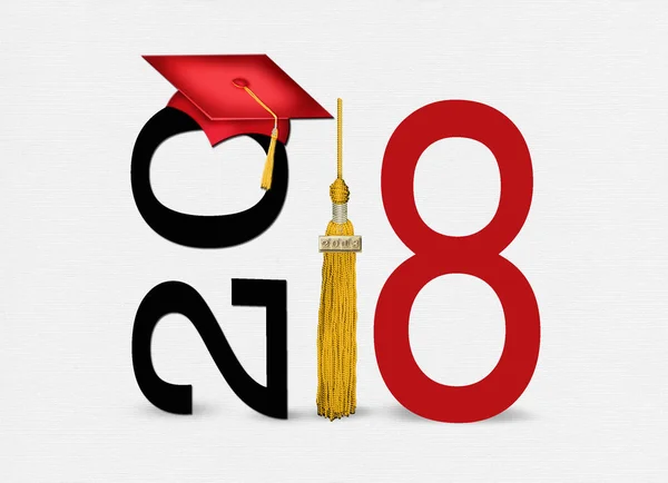 2018 柔らかい白いテクスチャ背景の上のクラスのゴールドのタッセル付き本文赤卒業キャップ — ストック写真