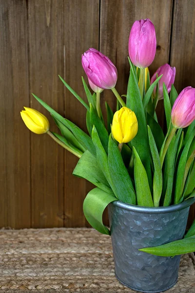 Tulipan Różowy Żółty Bukiet Metalowym Wiadrze Rustykalnym Drewna Tło — Zdjęcie stockowe