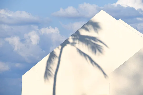 Silhueta Palmeira Casa Branca Exterior Com Céu Azul Nuvens Fundo — Fotografia de Stock