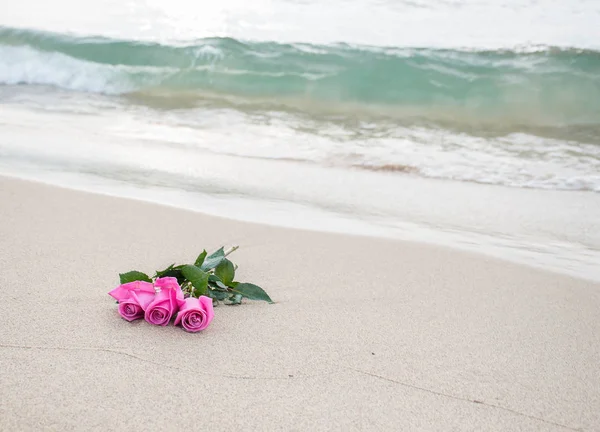 Рожевий Трояндовий Букет Пляжному Піску Хвилястим Фоном — стокове фото