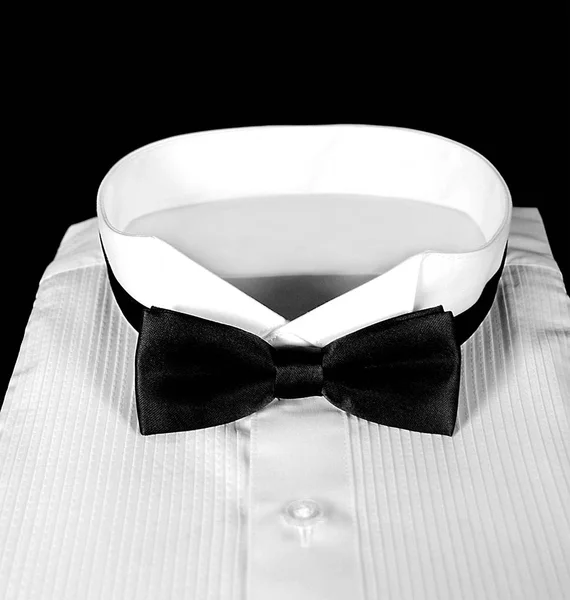 Close Black Bow Tie White Tuxedo Shirt — Stock Photo, Image