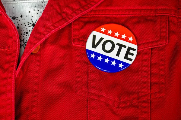 Close Political Campaign Vote Button Red Jacket Pocket — Stock fotografie