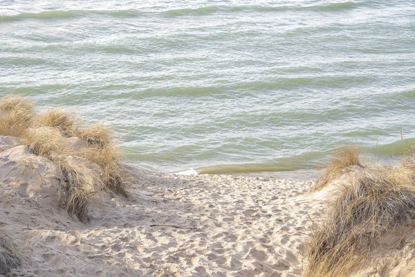 Spiaggia Sabbiosa Sentiero Lago Bordo Acqua Tra Dune Sabbia Con — Foto Stock