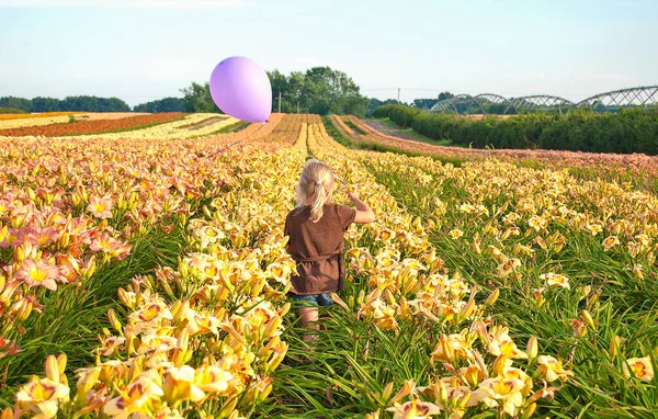 Niña Rubia Campo Día Lirio Con Globo Púrpura —  Fotos de Stock