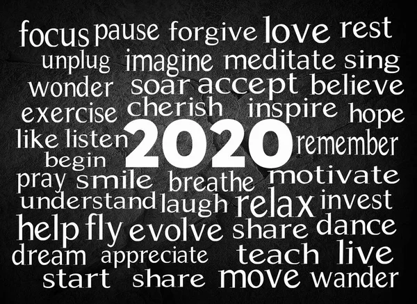 Año 2020 Verbo Inspirador Cloud Black Slate Rock White Text —  Fotos de Stock