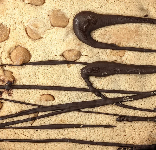 Extreme Nahaufnahme Von Erdnussbutter Keks Oberfläche Mit Schokolade Nieselregen Und — Stockfoto