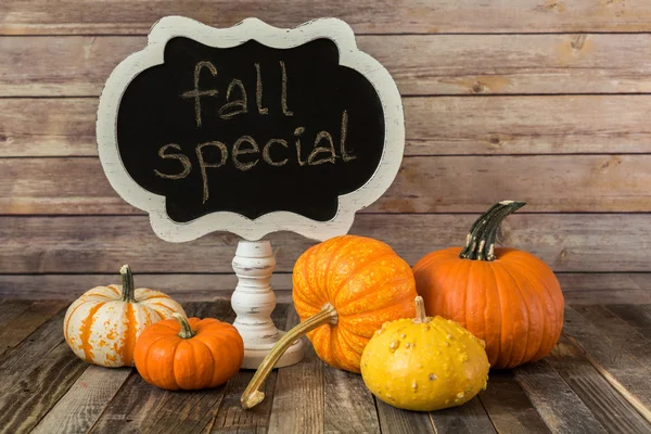 Ornamental gourds with a chalkboard sign — Stock Photo, Image