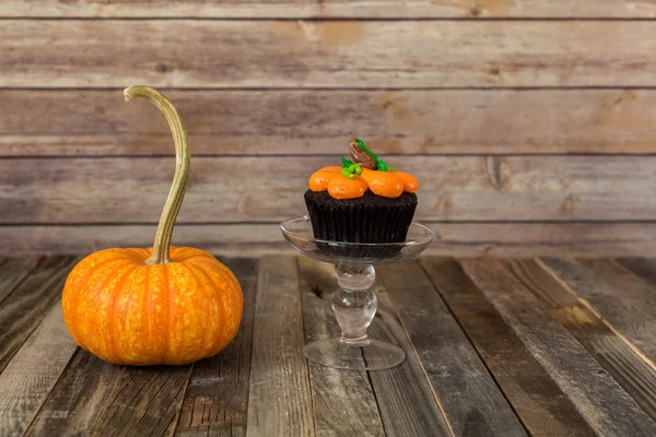 Fall gourd and pumpkin muffin on wooden backdrop — Stock Photo, Image