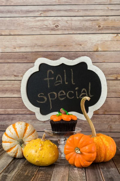 Muffin de calabaza con calabazas ornamentales y letrero de pizarra — Foto de Stock