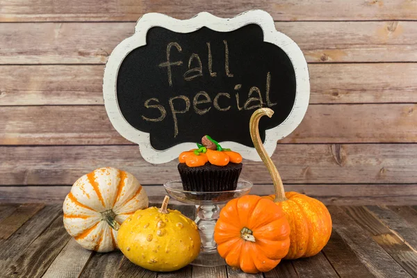 Muffin de calabaza de otoño con letrero de pizarra y calabazas decorativas — Foto de Stock