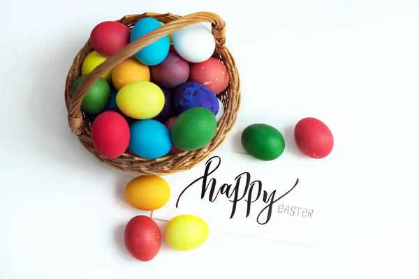 Velikonoční Přání Barevné Velikonoční Vejce Košíku Kaligrafický Nápis Veselé Velikonoce — Stock fotografie