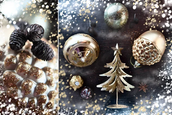 Composição de Natal de decorações de ouro, árvores douradas, cones a — Fotografia de Stock
