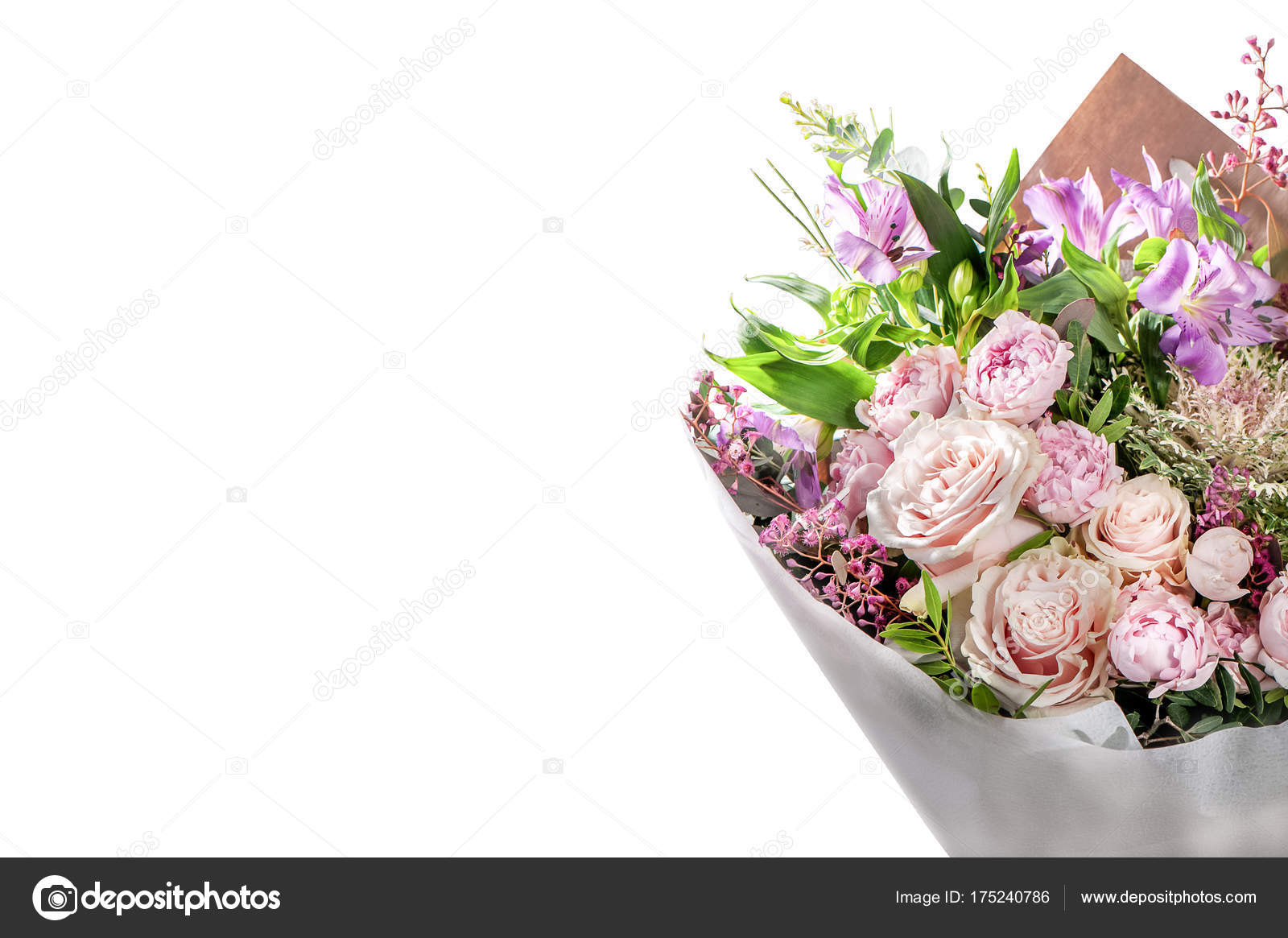 Chic bouquet of flowers isolated on white, roses, astromelia, pe Stock  Photo by ©Wildstrawberry 175240786