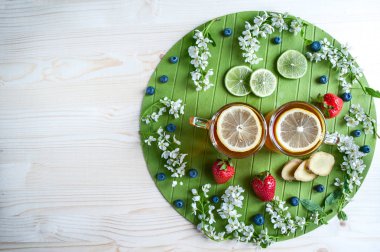 Çay arka plan, siyah çay limon, zencefil, limon, nane, ışık 