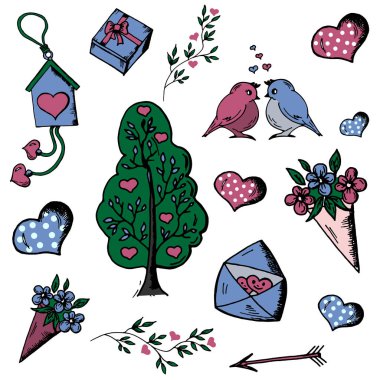 Doodle, ayarla, el çekilmiş Valentin günü nesneleri. tr ağaç, aşk 