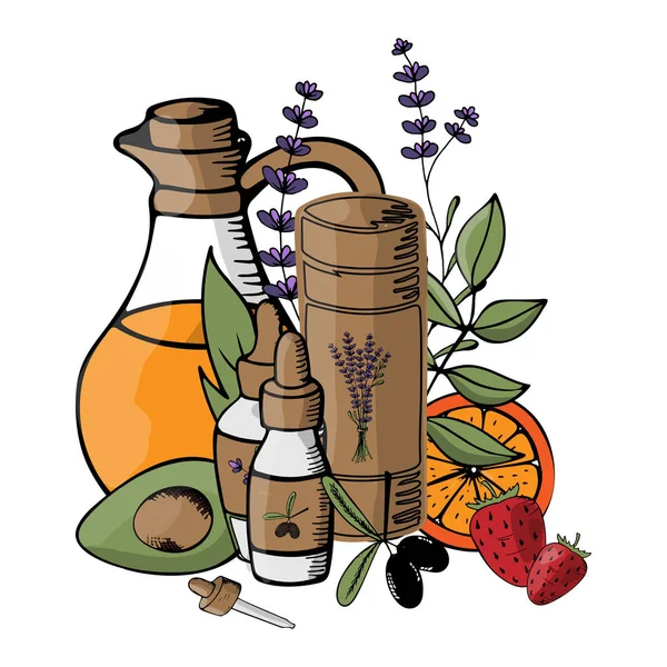 Vectorillustratie met organische cosmetica onderwerpen. Natuurlijke olie — Stockvector