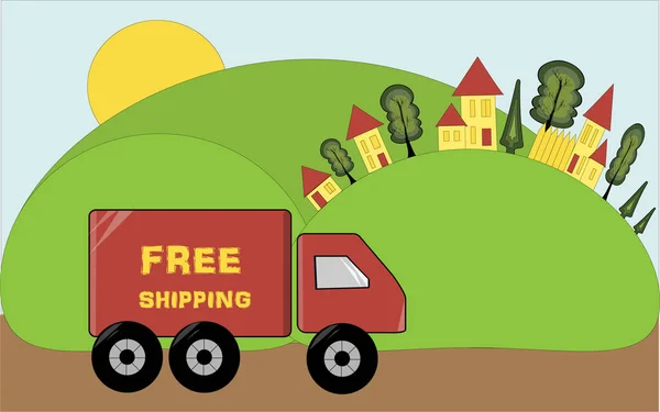 Wysyłka gratis. Samochód ciężarowy dostarcza towar. Kolorowy kreskówka pi — Zdjęcie stockowe
