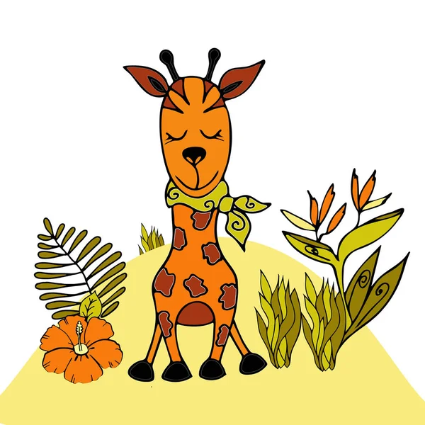 Giraffe doodle style vector template. Tropical animal — Stock Vector