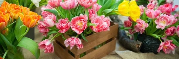 Primavera fresca colorido banner flores tulipa. Lote de multicor — Fotografia de Stock