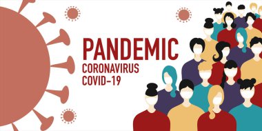 Salgın işareti Coronavirus vektörü. Covid-19, beyaz tıbbi maskeli insanlar, virüse saldırıyorlar. Banner Coronavirus Salgını Konsepti