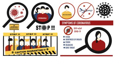Coronavirus salgını belirtileri hazır. Dur, karantina, dikkat Covid-19, 2019-NCoV Roman Coronavirus, uçuşların iptali, yüz maskesi işareti ve COVID-19 semptomları. 