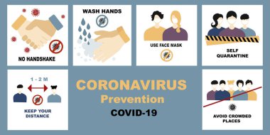Coronavirus, covid-19 vektör seti, bohça. Tokalaşmak, ellerini yıkamak, kendini karantinaya almak kalabalık yerlerden uzak durmak, yüz maskesi kullanmak ve mesafeyi korumak yok. Koronavirüsteki insanlarla ilgili işaretler.