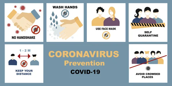 Coronavirus Ensemble Vecteurs Covid Paquet Pas Poignée Main Laver Les — Image vectorielle