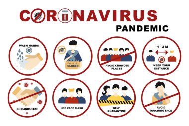 Coronavirus, covid-19 tabelaları tokalaşma ve el yıkama yok, kendini karantinaya alma kalabalık yerlerden uzak dur, yüz maskesi kullan ve mesafeyi koru. Koronavirüsteki insanlarla ilgili işaretler.