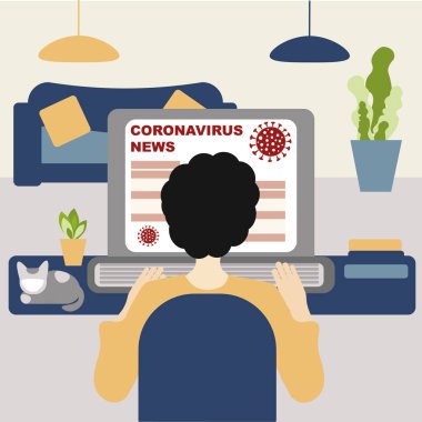 Coronavirus konsept haberleri. Bir adam dizüstü bilgisayarında oturmuş Coronavirus haberlerini okuyor. Virüs konsepti 2019-nCoV, covid-19