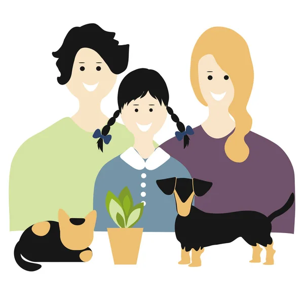 Vector Retrato Una Familia Feliz Madre Padre Hija Gato Perro — Vector de stock