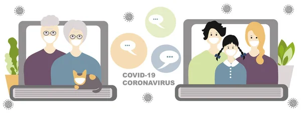 家族の概念バナーとのインターネット通信 3つの家族はラップトップを介してインターネット上で通信します コロナウイルスの概念 Novel Coronavirus 2019 Ncov Covid — ストックベクタ