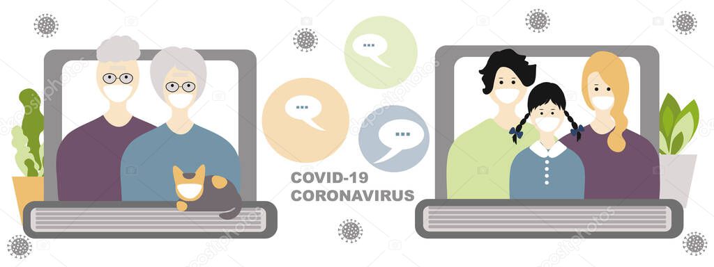 Internet communication with family concept banner. Three families communicate on the Internet through laptops. Coronavirus concept Novel coronavirus 2019-nCoV, covid-19