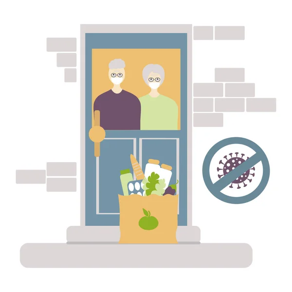 Yaşlılara Yiyecek Teslimatı Yok Coronavirus Covid Konsepti Kapıdaki Yaşlı Çift — Stok Vektör