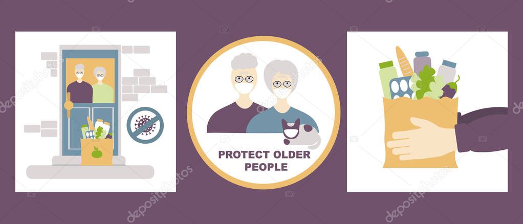  Contactless of Food delivery and protect older  people vector set. Coronavirus, covid-19  concept. Elderly couple at the door is going to pick up the delivered food. 