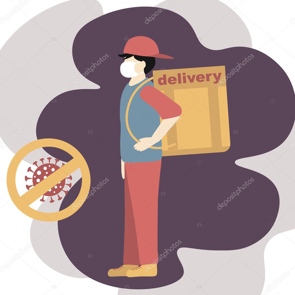 Coronavirus, covid-19  Delivery of food concept.  Courier, Delivery man wearing a medical mask and with food box 