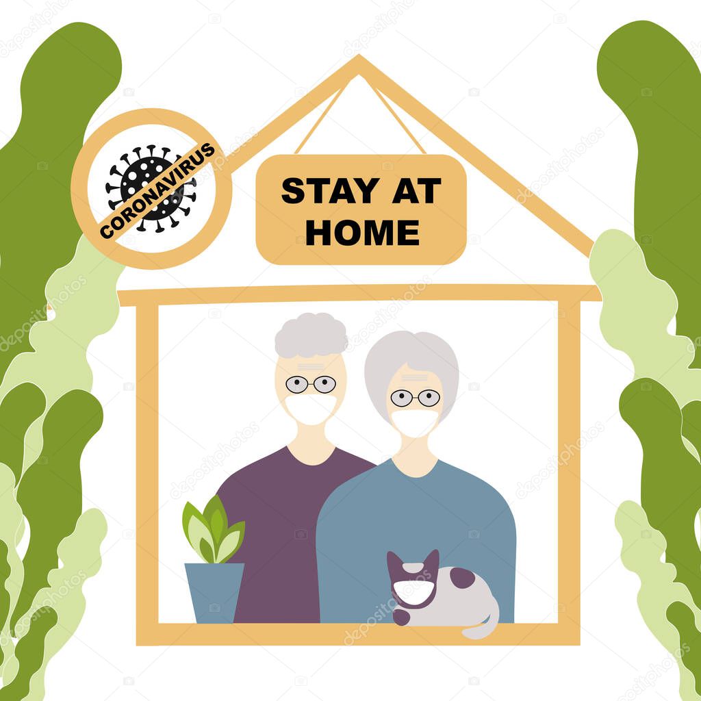 Stay at home older people, family consept, Self Quarantine Coronavirus Pandemic sign. Elderly couple in white medical face mask, quarantine coronavirus  2019-nCoV, covid-19