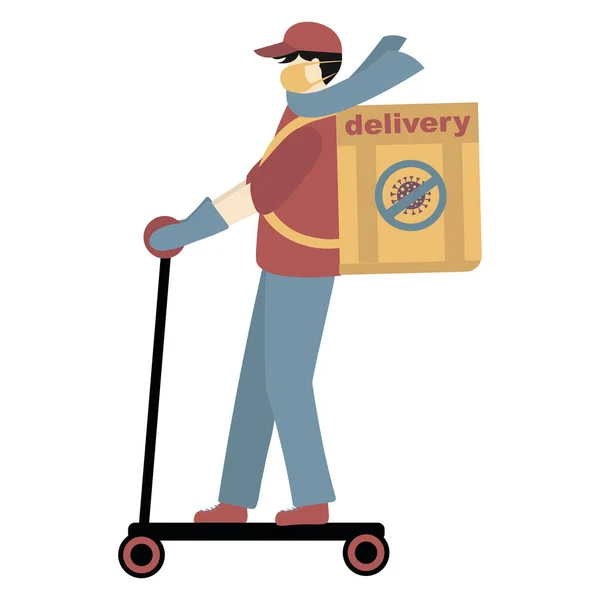 Contactless Delivery Food Concept Coronavirus Covid Delivery Man Courier Scooter — Stock Vector