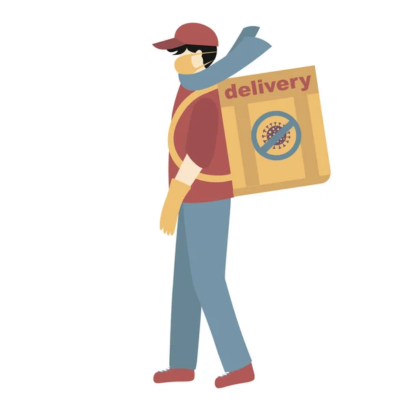 没有接触的食物交付概念 Coronavirus Covid 快递员 带着医疗面罩和食品盒的送货员 — 图库矢量图片