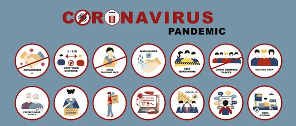 Önleme ve sonuç belirtileri, Coronavirus, covid-19 seti, tokalaşma ve yıkama yok, kendini karantina ve kalabalık yerlerden uzak durma, yüz maskesi kullan ve mesafeyi koru. İş kazası ve çevrimiçi hayata geçiş, ulaşılamayan dağıtım