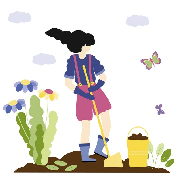 Modern Tavasz Kertészkedés Stílusos Lány Divatos Frizura Ássa Földet Egy — Stock Vector