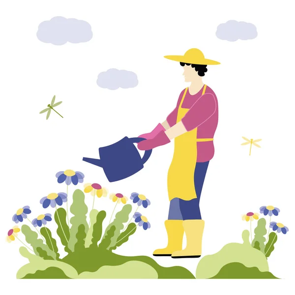 Trendy Άνοιξη Κηπουρική Άνθρωποι Έννοια Άνδρας Πότισμα Άνοιξη Λουλούδια — Διανυσματικό Αρχείο