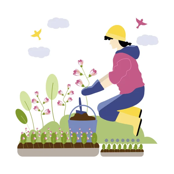 Modern Tavasz Kertészkedés Egy Fiatal Férfi Tavaszi Virágokat Ültet — Stock Vector