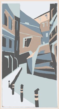 Cozy şehir sanat guaş gri mavi koyu sarı boya