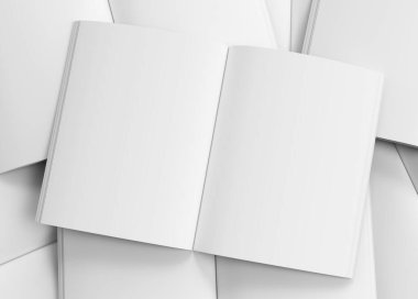 Beyaz A4 dergisi model üst görünümü. Kitap albümü maketi dağıttı. 3 boyutlu resimleme. Sayfa üzerinde gerçekçi ışık ve gölge olan açık bir not defteri aç. Çizim defteri boş şablon kataloğu. Boş kağıt not.