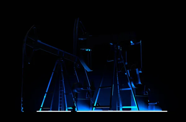 Oil pump silhouette 3d render. Petroleum industry equipment at night wth blue backlight. Energy industrial concept. Fuel factory visualization. Modern production poster. Oilfield developing.