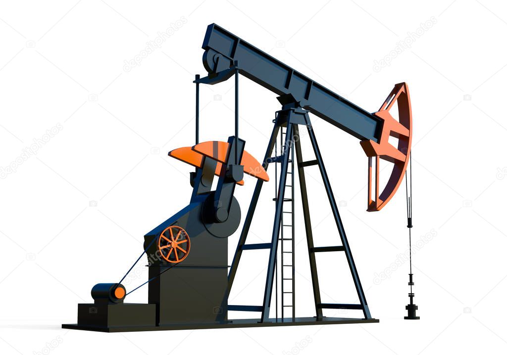 Oil derrick. Pump 3d render. Petroleum industry equipment isolated on white background. Energy industrial viz. Fuel factory visualization. Modern production object. Oilfield developing