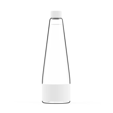 Cam şişe beyaz arka planda izole edilmiş. Gerçekçi 3D görüntüleme şablonu. Şeffaf sıvı konteynır modeli. Paket reklamları için beyaz etiketi temizle. Bir ürünün görselleştirilmesi