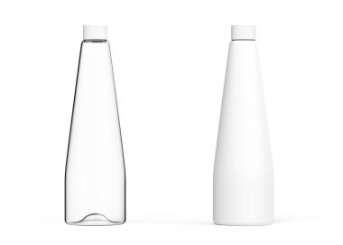 Beyaz arka planda cam şeffaf beyaz şişe. Gerçekçi 3D görüntüleme şablonu. Plastik sıvı konteynır modeli. Paket reklamları için beyaz etiketli matara. Bir ürünün görselleştirilmesi