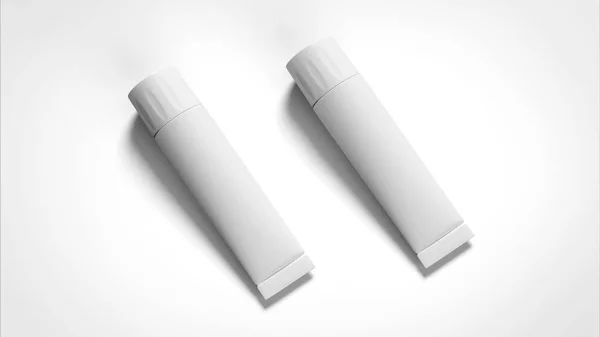 医薬品や化粧品のための白い3D光沢のあるプラスチックチューブ 現実的なパッケージモックアップテンプレートレンダリング 歯列ペーストパック製品キャップ画像を閉じます 空の可視化 — ストック写真